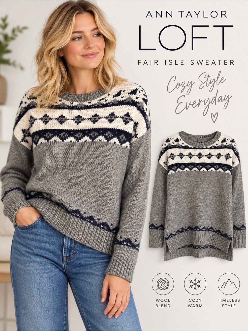 Ann Taylor LOFT Fair Isle Wool Mohair Sweater Gray Navy Ivory Medium